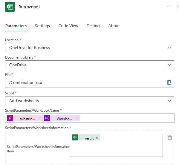 The second Run script action with the changes to the workbook name parameter..