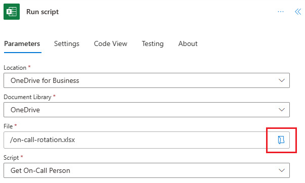 The Power Automate Run script action showing the Show Picker file browser option.