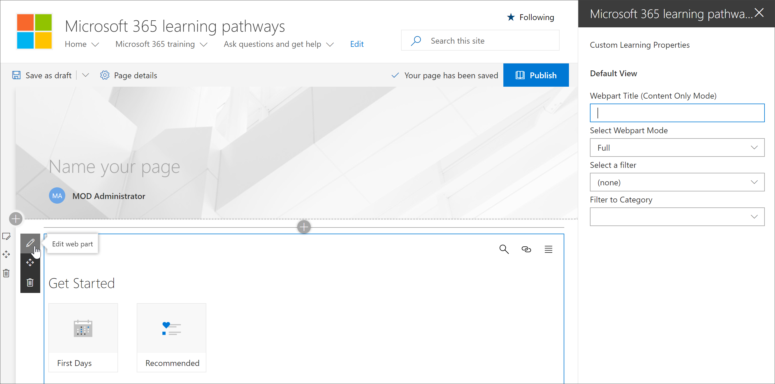 Screenshot shows where you select Edit web part in the Microsoft 365 learning pathways window.