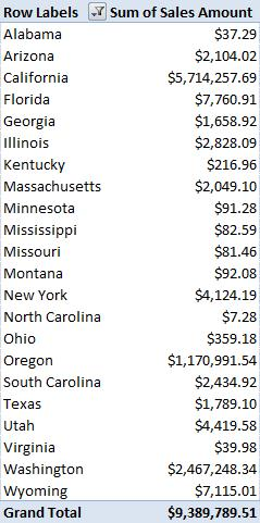 PivotTable report with state names