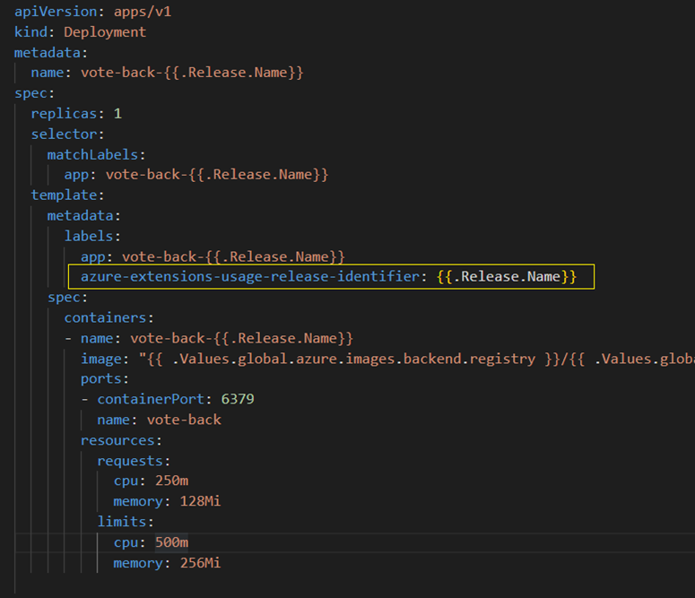 A screenshot of a properly formatted billing identifier label in a deployment.yaml file. The content resembles the sample depoyment.yaml file linked in this article.