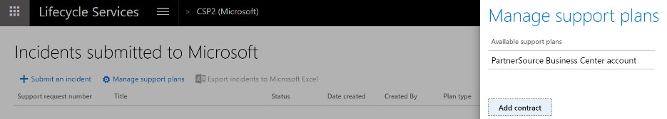 Screenshot of the 'Manage support plans' flyout in the Incidents submitted to Microsoft page.