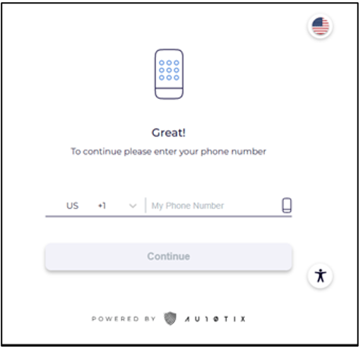 Screenshot of the AU10TIX page: Great! To continue, please enter your phone number.