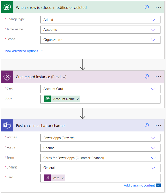 Screenshot a flow that creates a card instance when an account record is created and sends it in Teams.