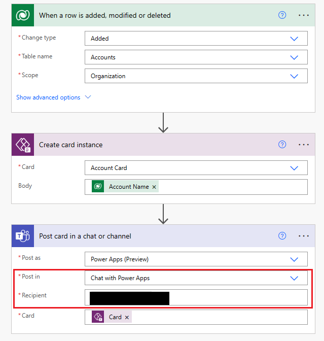 Screenshot a flow that creates a card instance when an account record is created and sends it to a specific Teams user.