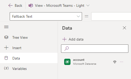 Screenshot of the Dataverse account table connector added to a card in the card designer.