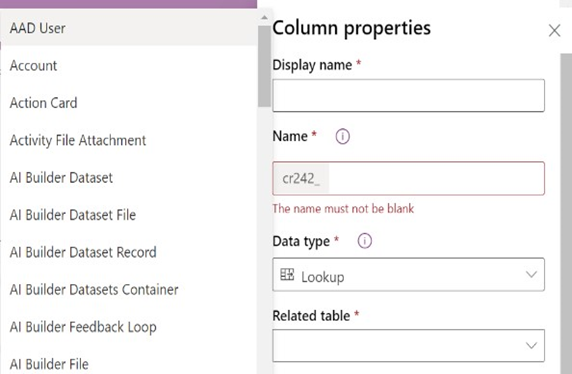 Create a lookup column with a related table of AADUser