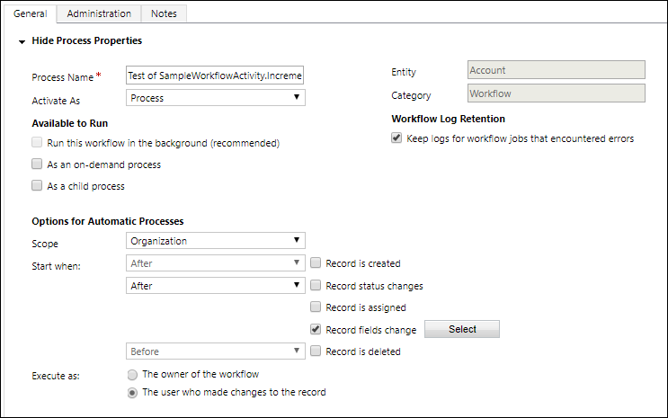 configuration of a test workflow.