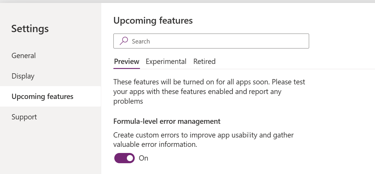 A screenshot of Upcoming features in Settings showing Formula-level error management is set to On