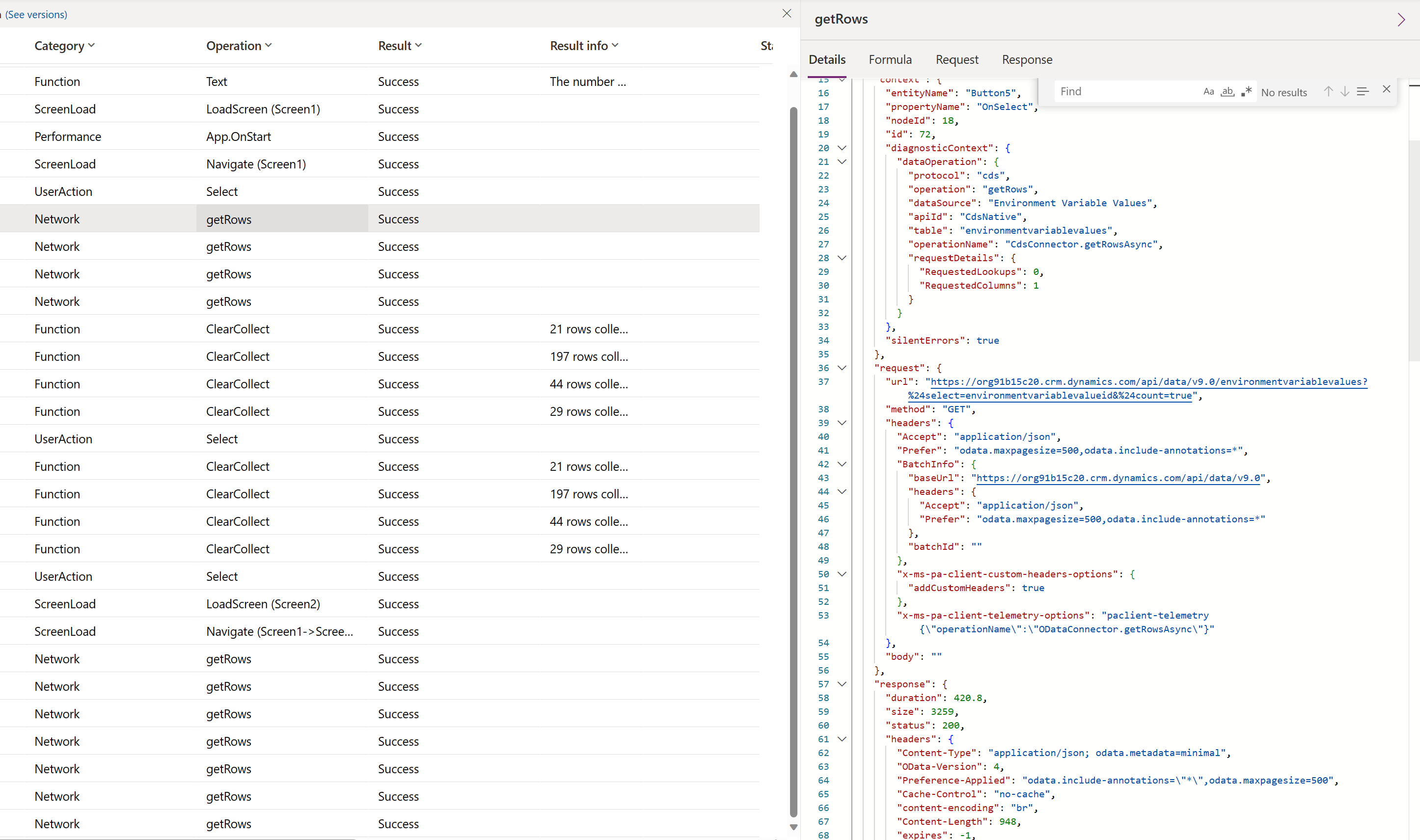 A screenshot of Power Apps showing the JSON details of an item selected in the event grid