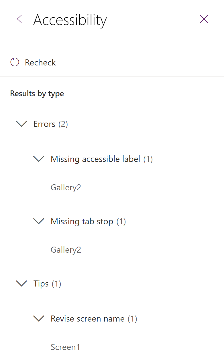 A screenshot of Power Apps showing the results of Accessibility Checker