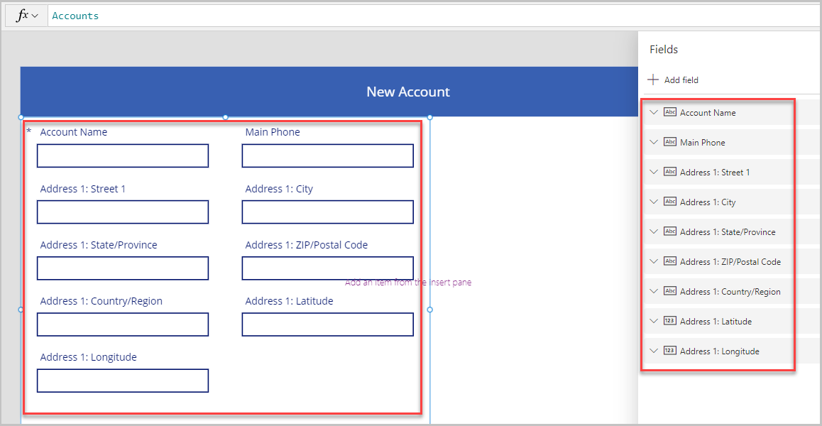 Account Name and Main Phone in first row, Address 1: Street 1 and Address 1: City in second row, Address 1: State/Province and Address 1: ZIP/Postal Code in third row, Address 1: Country/Region and Address 1: Latitude in fourth row, Address 1: Longitude in the fifth row.