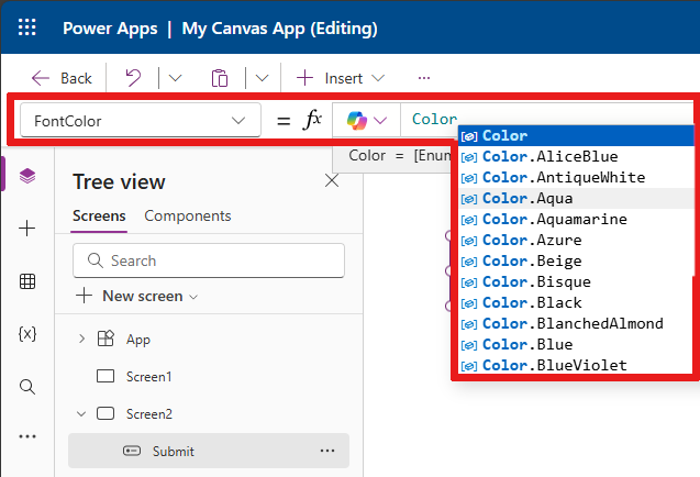 Screenshot that shows the control options you can set in the formula bar for a control.