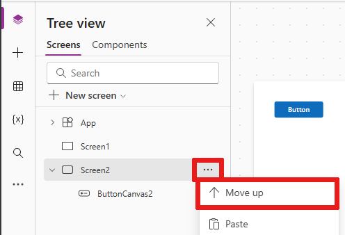 Screenshot that shows you how to reorder your screens in the Tree view through the overflow menu of a screen.