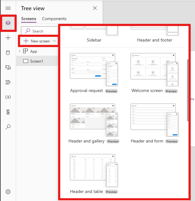 Screenshot of the New screen menu in Power Apps Studio showing available layouts.