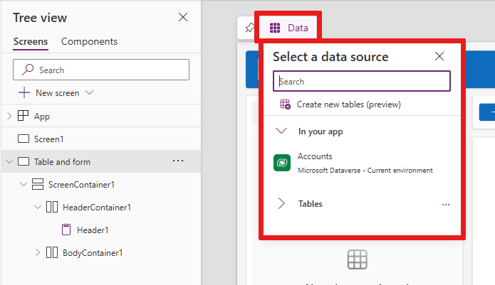 Screenshot that shows the location of the Data button, where you can select a data source from a list.