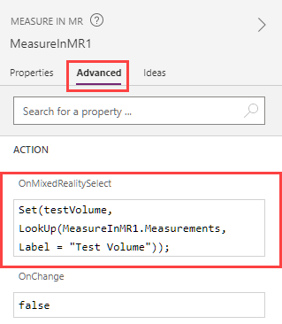 A screenshot of a Measure in 3D control under construction in Microsoft Power Apps Studio, shown alongside its OnMixedRealitySelect property.