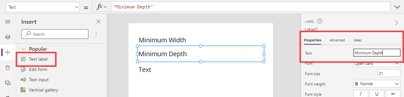 A screenshot of a text label under construction in Microsoft Power Apps Studio, shown alongside its properties.