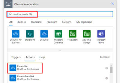 A screenshot of the Power Automate edit window, with the OneDrive Create file action selected.