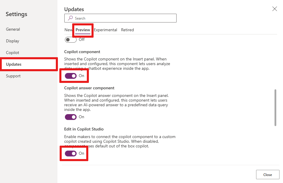 Screenshot of app settings in Power Apps Studio, with the Copilot component and Edit in Copilot Studio options highlighted.