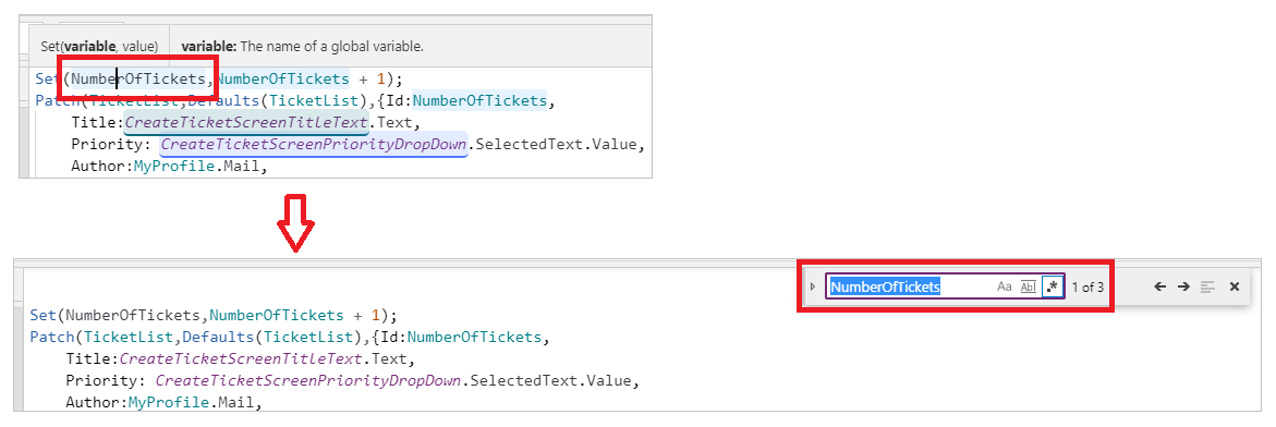 Cursor placed on the portion of the formula to find and replace, and another screen with the Find and Replace control open.