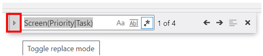 The Toggle Replace Mode icon on the left hand side of the Find and Replace control, before the text input areas