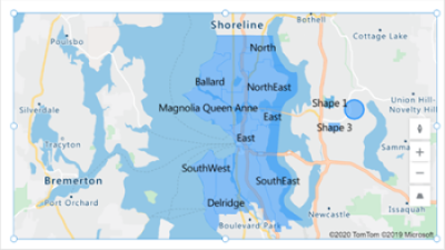 A screenshot of a map control with example shapes drawn and labeled.