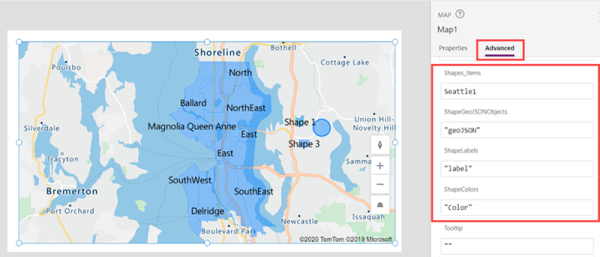 A screenshot of a map control's advanced properties, with data source fields provided and the resulting shapes displayed on the map.