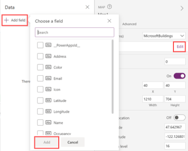 A screenshot of a map control's Properties pane, showing the data source fields.