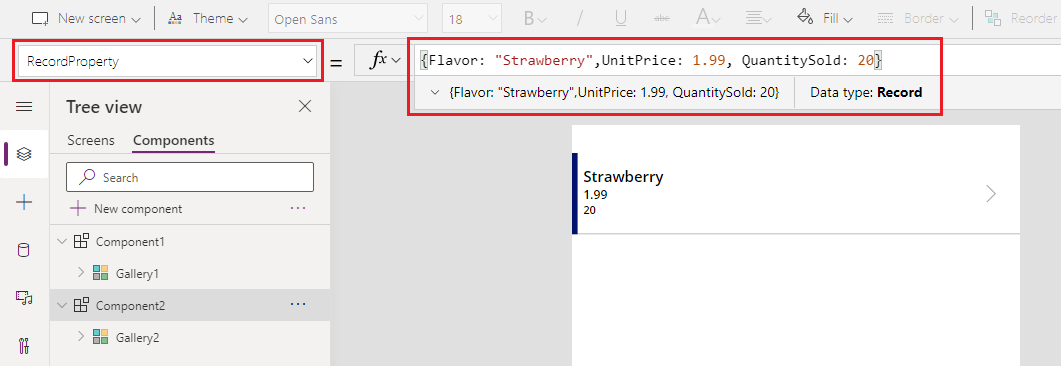 Custom input property formula defined as record and sample values.