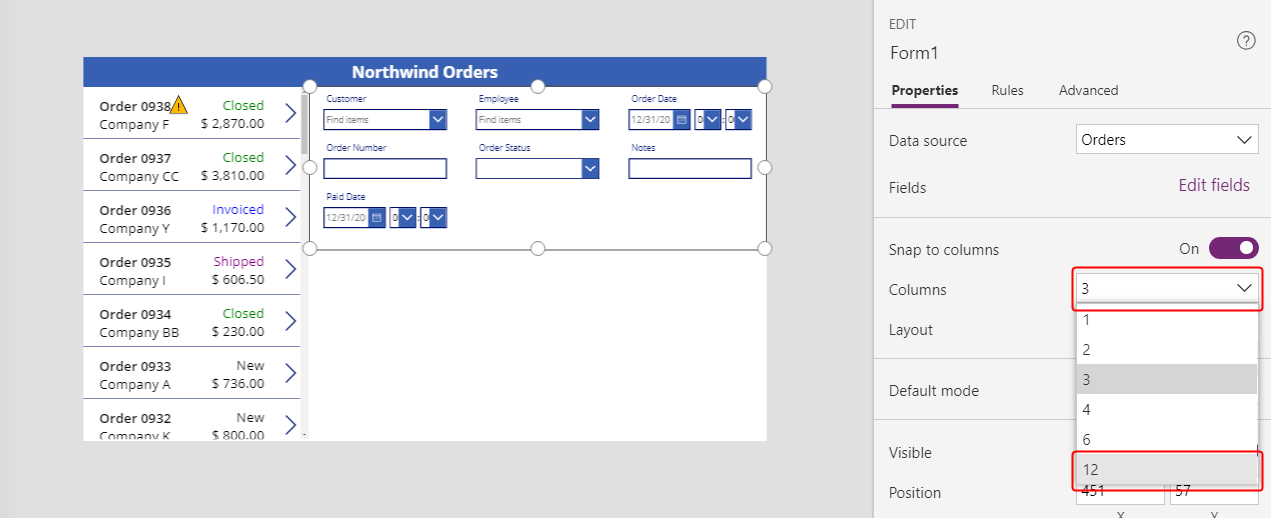 Change then number of columns in the Edit form control.