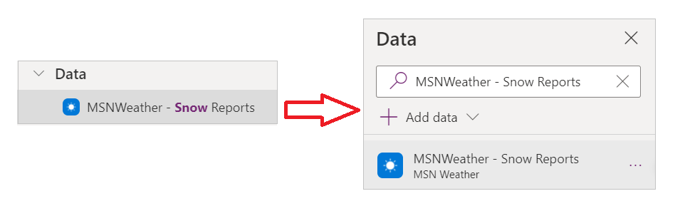 Data selected from search results showing the relevant data connection details.