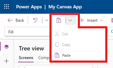 Screenshot that shows where the cut, copy, and paste controls are located in the command bar.