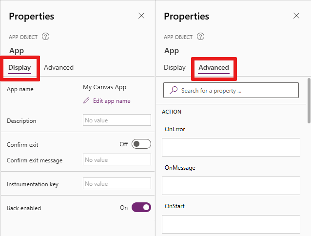 Screenshot that shows the properties pane that appears when you select an object in your canvas. You see two tabs in this pane: **Display** and **Advanced**.