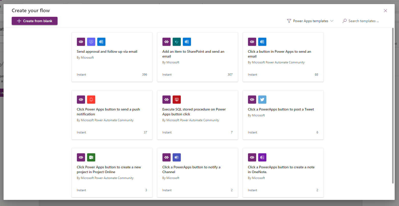 A screenshot showing the Create your flow screen having several options from which to choose a flow template.