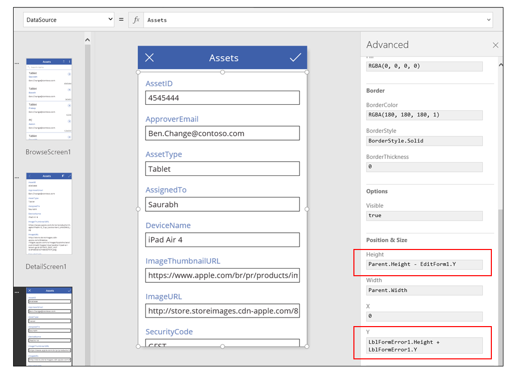 App from data edit form with form control selected.