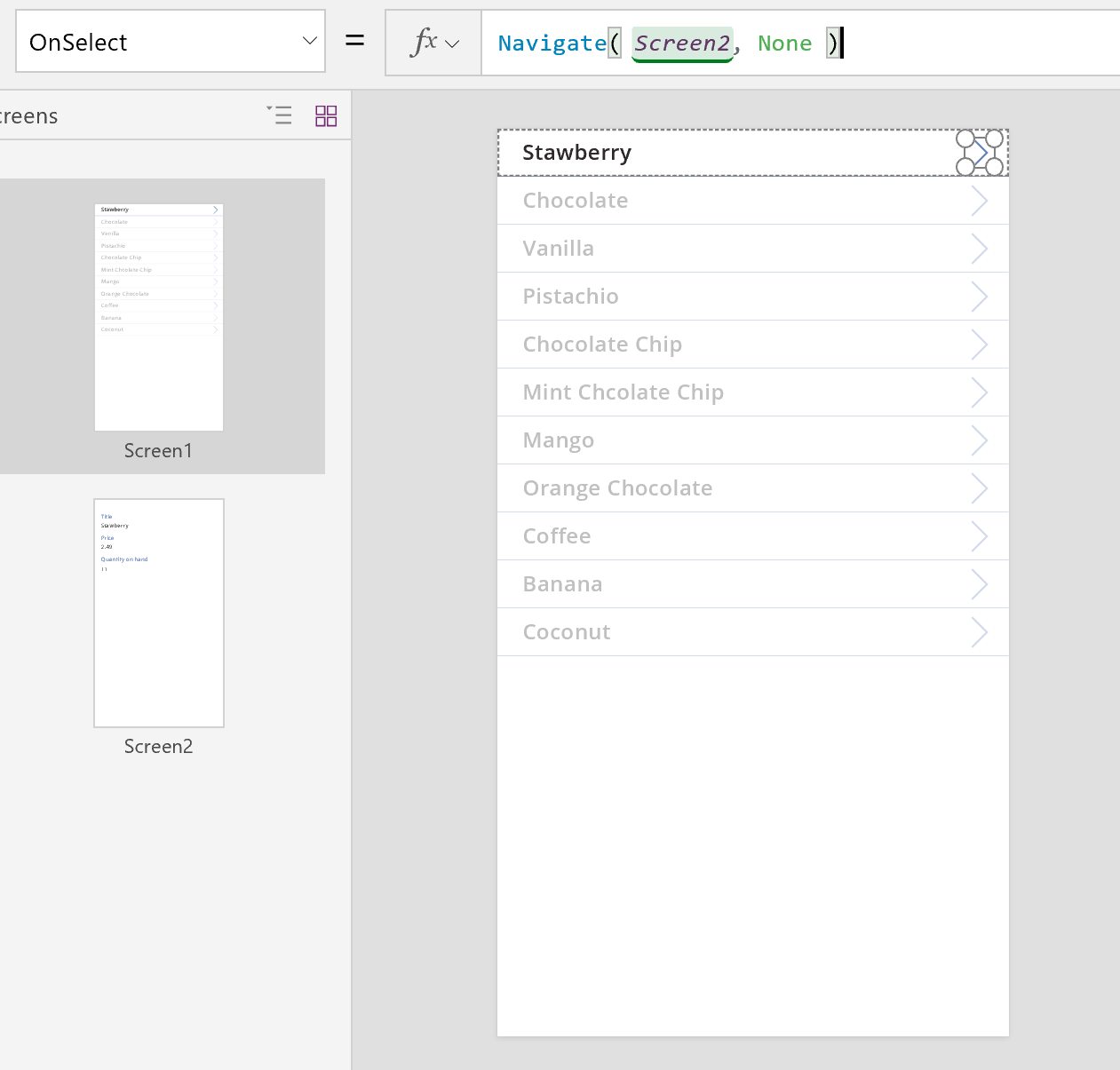 Display form for Ice Cream data source with back button with Navigate update.