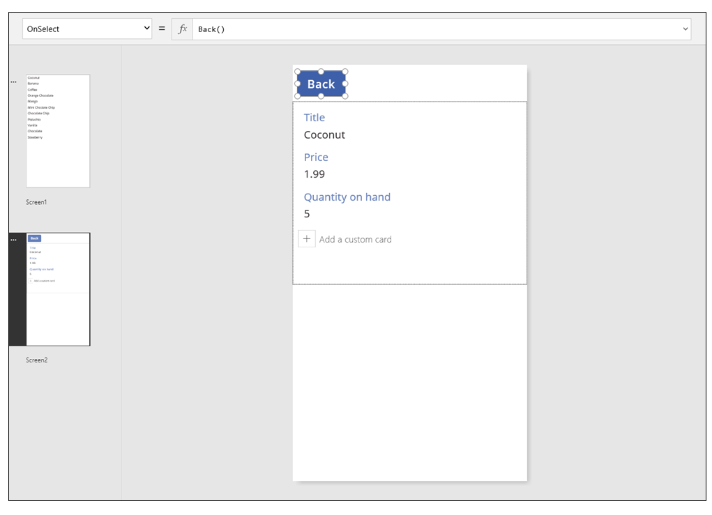 Display form for Ice Cream data source with back button.