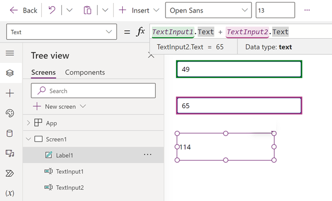 Illustration of Power Apps recalculating the sum of two numbers.