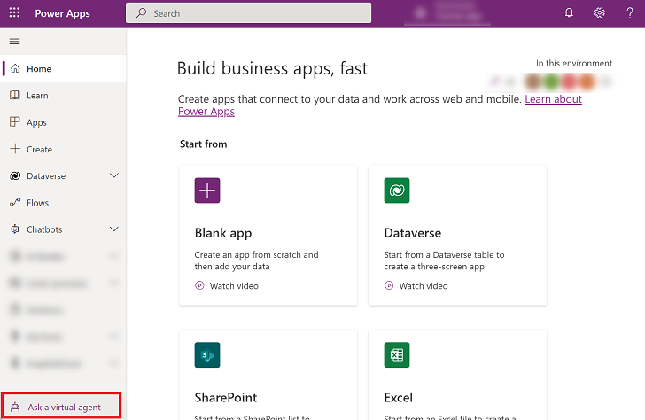 Access the virtual agent from the Power Apps home page.