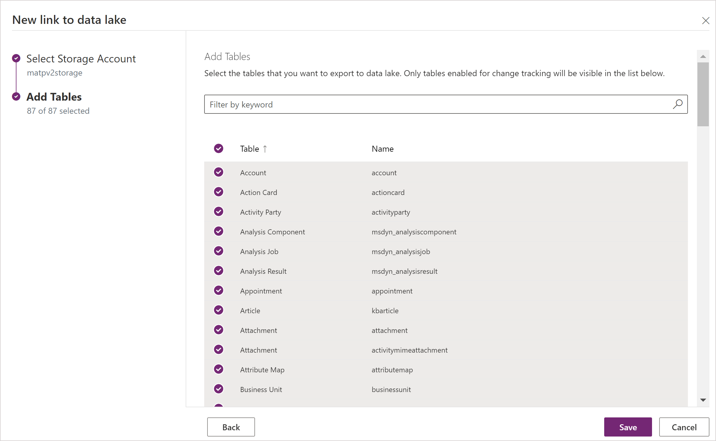 Select tables for export.