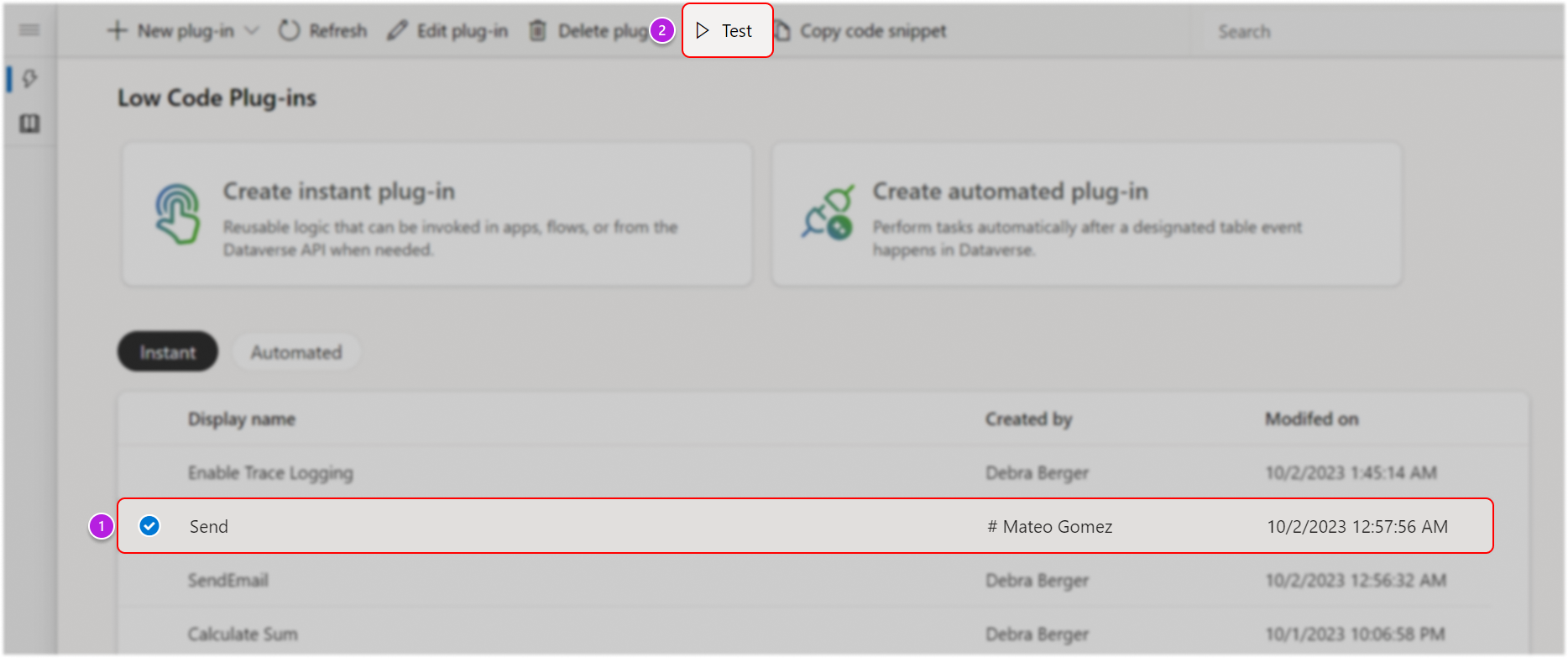 Select Test for the low-code plug-in