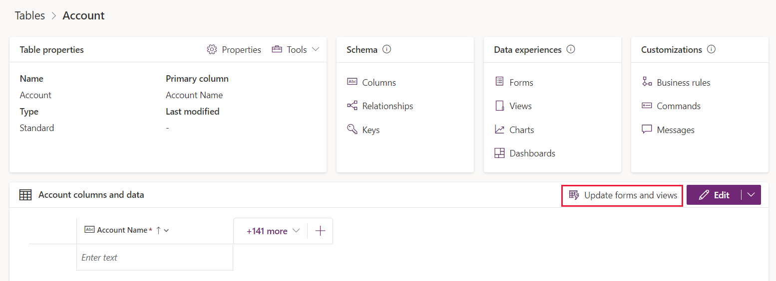 Update forms and views option in table hub.