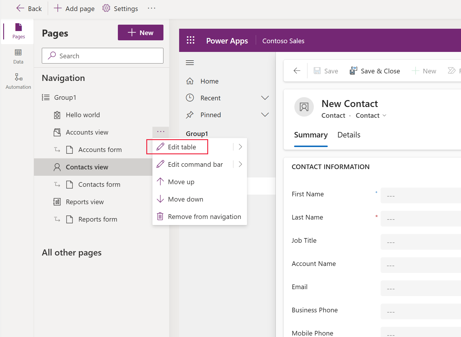 Edit a table for a page in app designer