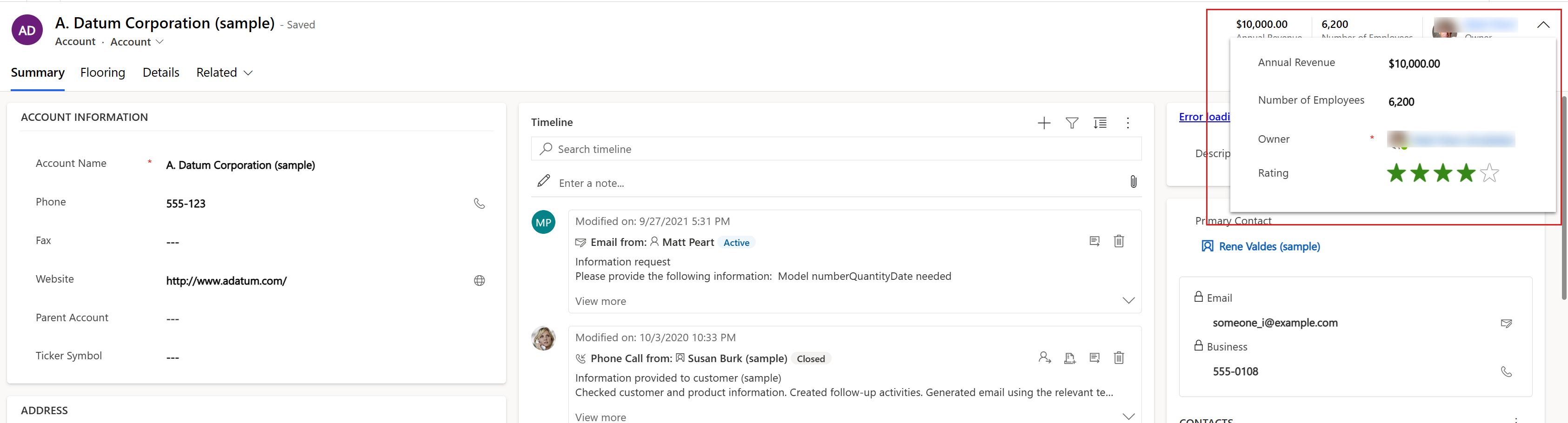 Form header flyout for the account main form that is displaying a control not viewable from the form header.