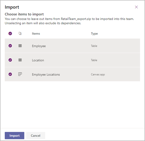 Choose items to import.