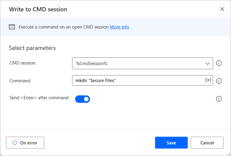 Screenshot of the Write to CMD session action.