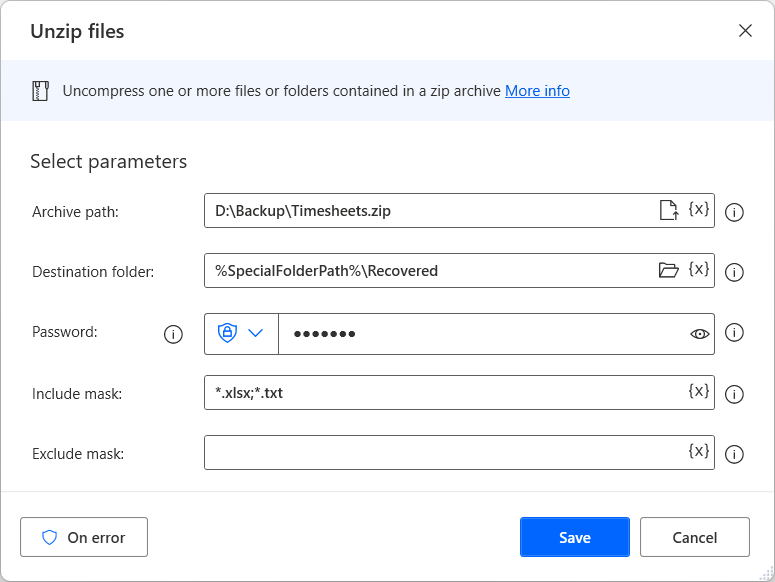 Screenshot of the Unzip files action.