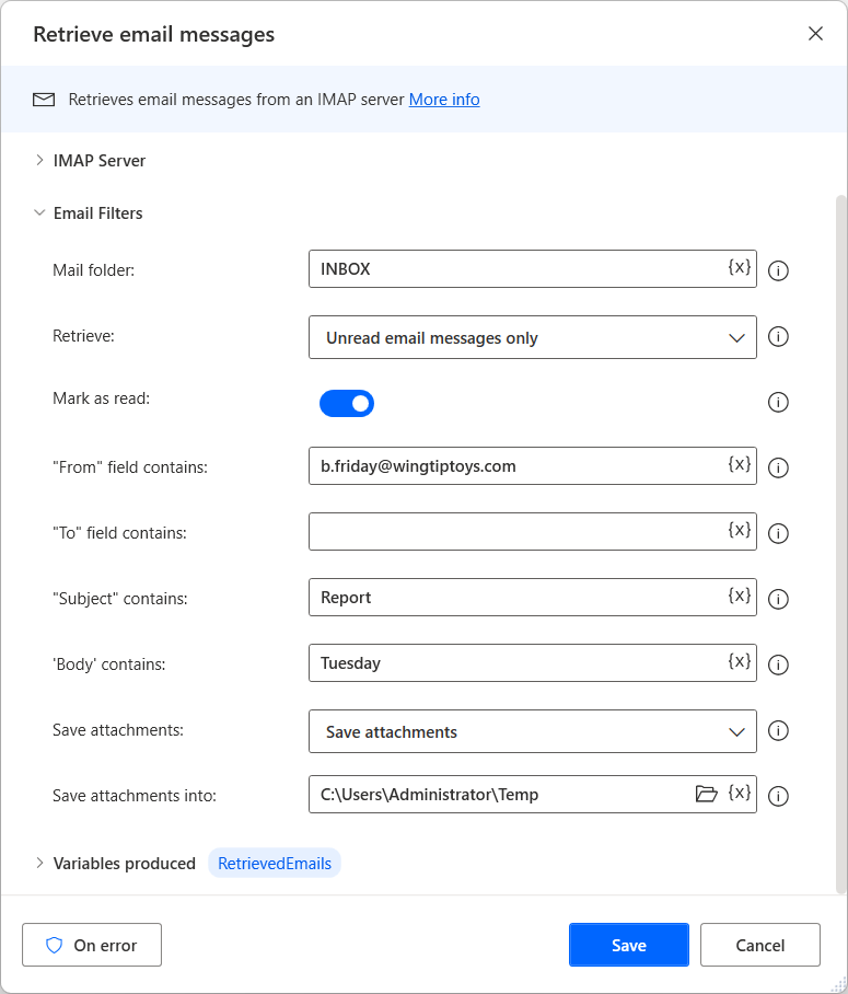 Screenshot of the Retrieve email messages action.