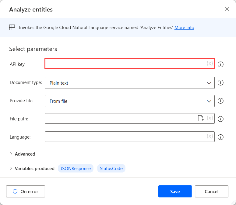 Screenshot of the Analyze entities action.